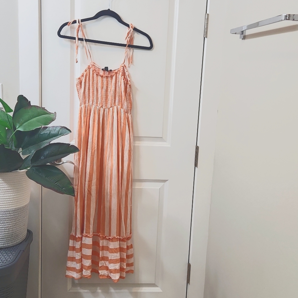 Forever 21, Medium, Peach/Coral, Striped, Midi Dress